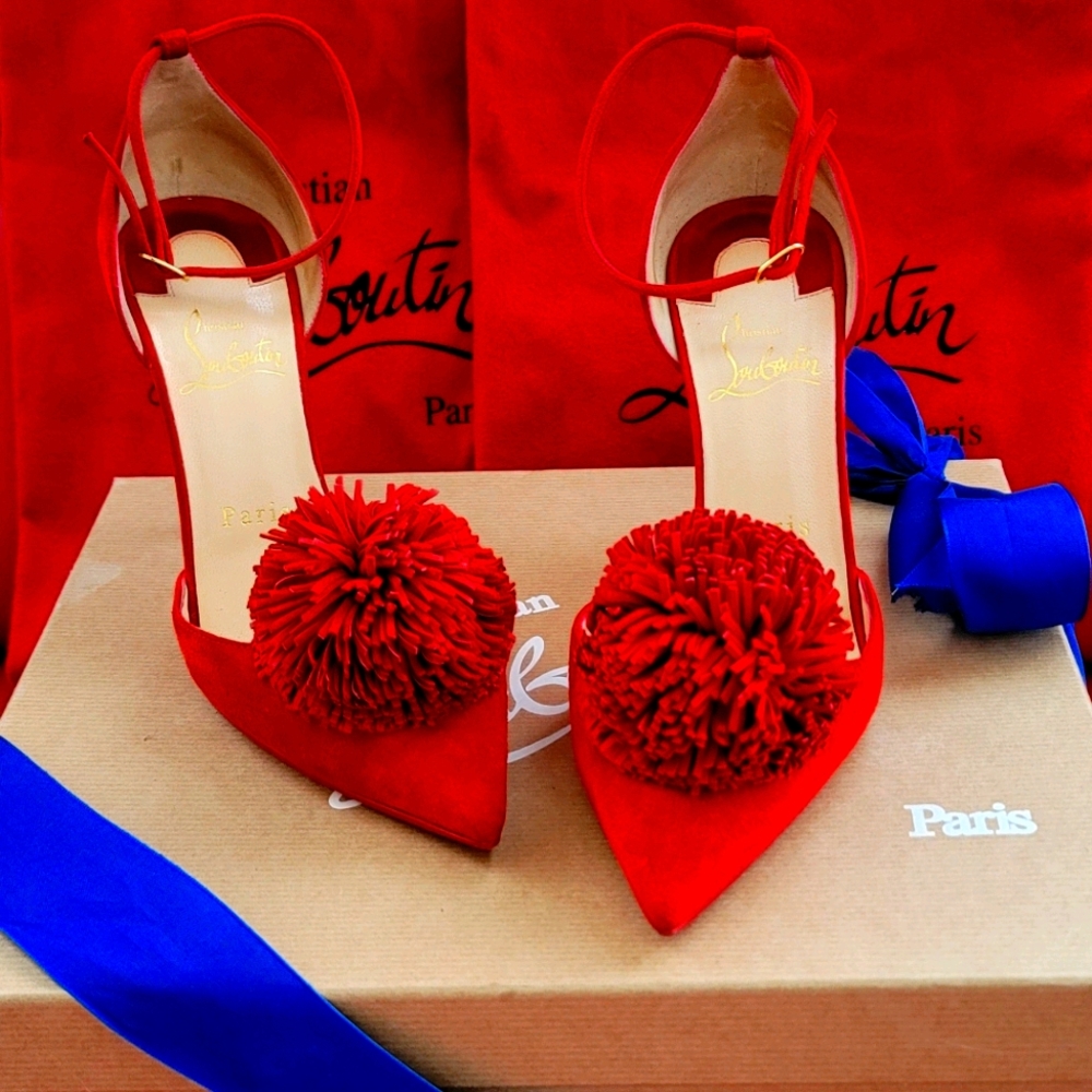 Christian Louboutin Red Velvet Pom-pom heels 36.5